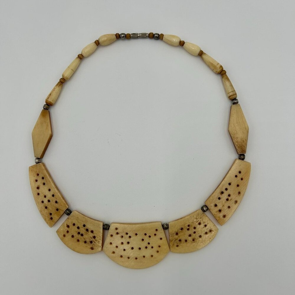 Vintage Hand-Carved Necklace With Geometric & Floral Patterns